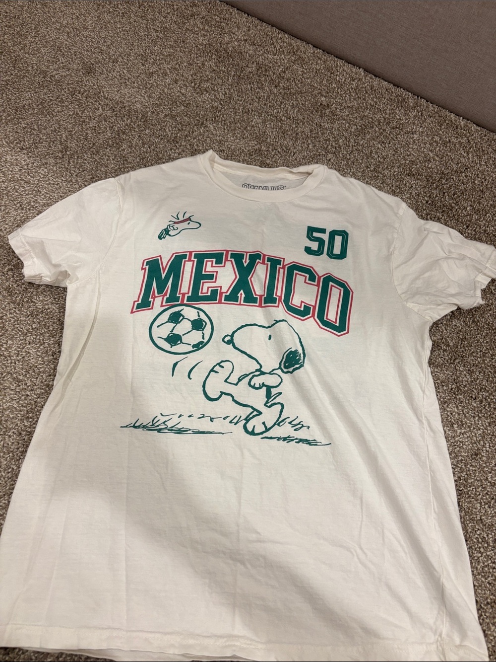 Peanuts White Mexico Snoopy Soccer Tee with Teal & Pink Print
